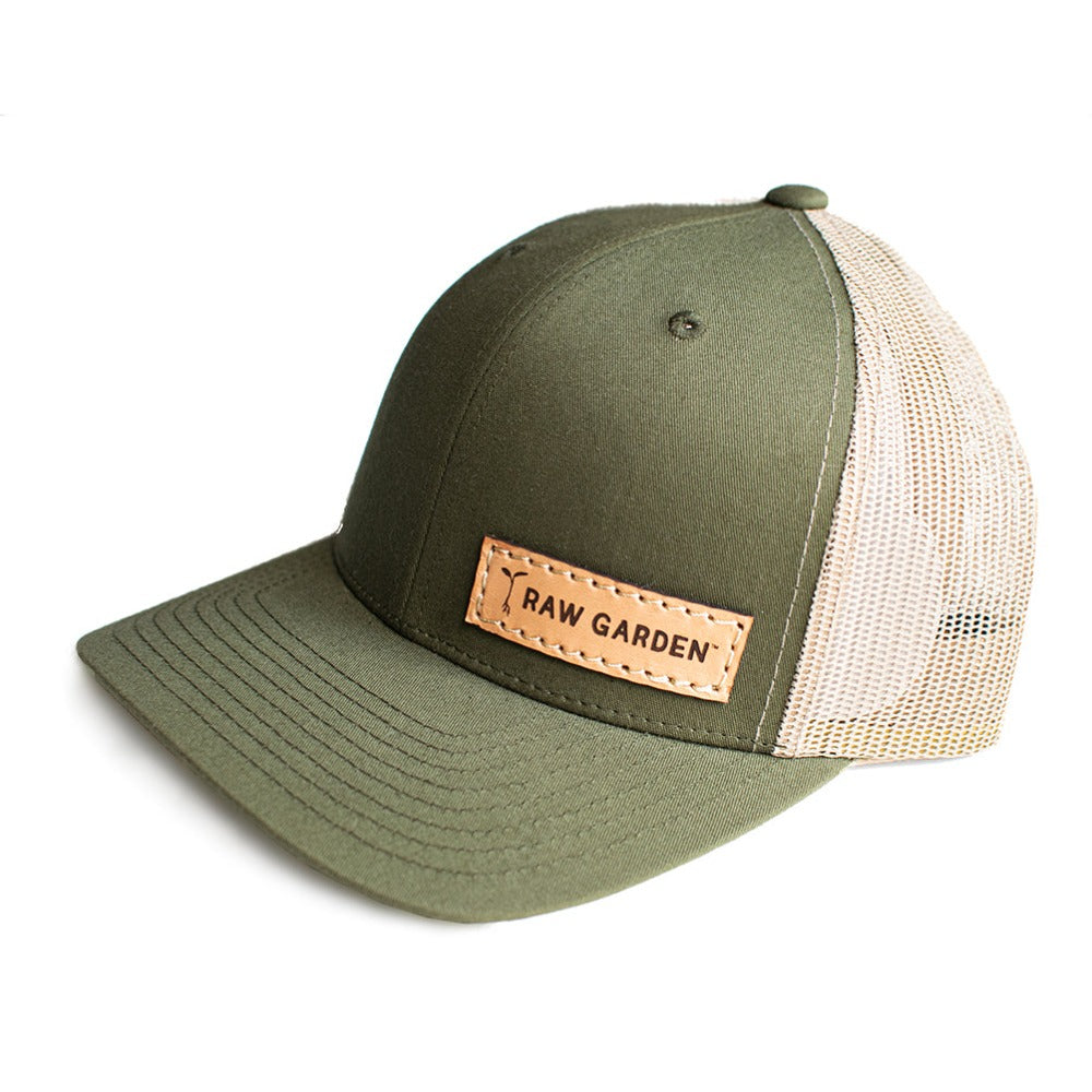Green Raw Garden cap with leather patch on white background
