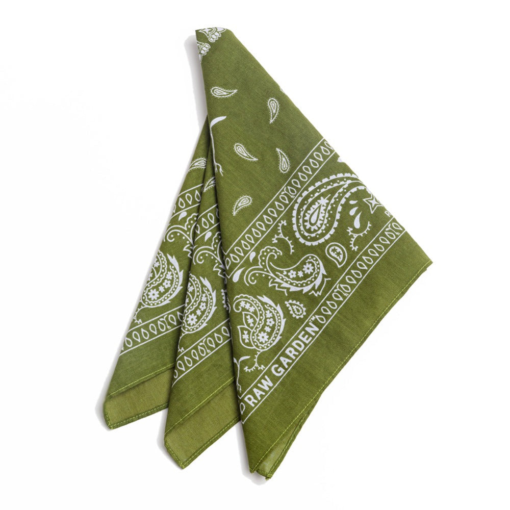 Green folded paisley bandana with Raw Garden sprout