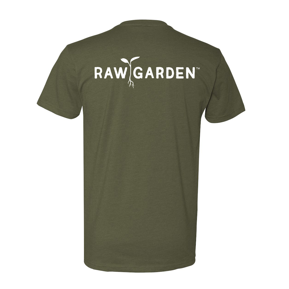 Raw Garden logo back of green tee